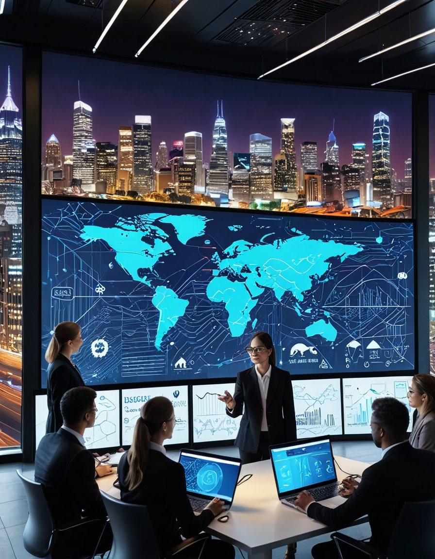 A dynamic business environment showcasing diverse professionals collaborating around a large digital screen displaying integration strategies and management tools. Include abstract representations of seamless digital connections like flowing lines or arrows to symbolize efficiency. The backdrop should feature an inspiring city skyline, conveying progress and innovation. Use vibrant colors and a modern aesthetic to highlight empowerment and technology. super-realistic. vibrant colors. 3D.