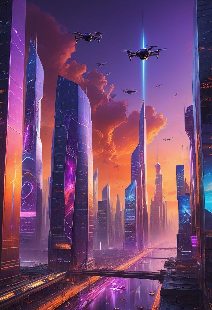 A futuristic city skyline at sunset with digital overlays showcasing various innovative technologies like holograms and drone deliveries. Include diverse professionals collaborating over digital devices amidst sleek architecture. The image should evoke a sense of excitement and advancement in digital solutions and services. cyberpunk. vibrant colors. super-realistic.