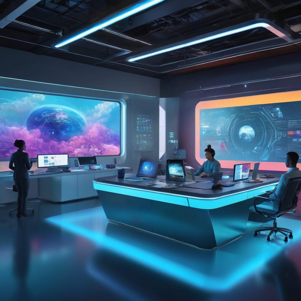 A futuristic digital workspace showcasing diverse professionals collaborating over cutting-edge technology. Elements of vibrant holographic displays, innovative gadgets, and AI interfaces surround them, symbolizing creativity and progress. The scene is imbued with a dynamic color palette, illustrating a blend of innovation and teamwork. super-realistic. vibrant colors. 3D.